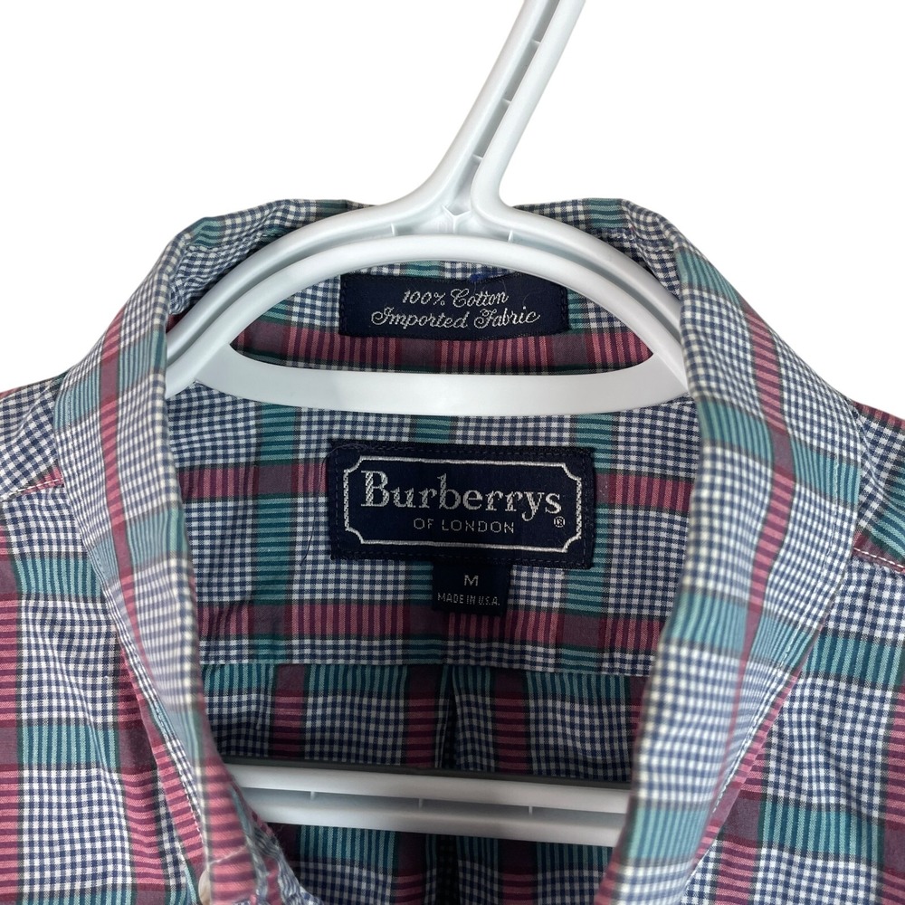 Burberry London Mens Button Down Shirt Medium L/S‎ Cotton Pocket Blue Green Red - Picture 4 of 5